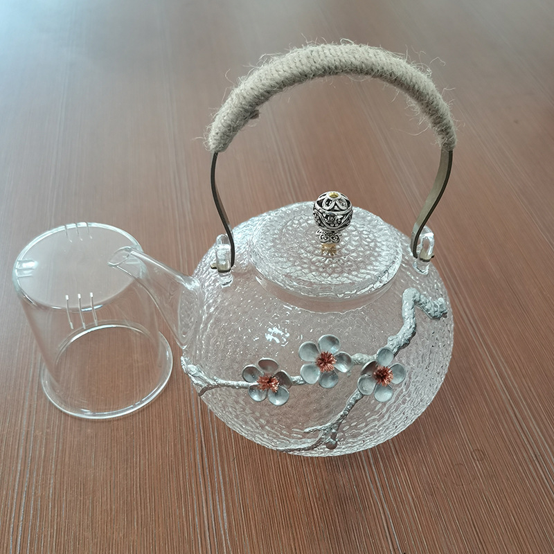 Ceainic din sticlă cu mâner, funcție de fierbere a apei, pentru plită, rezistent la temperaturi înalte, design cu flori de staniu