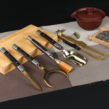 Set de ceai din oțel inoxidabil și lemn masiv, accesorii premium: cuțit de ceai din oțel decorativ și lemn, lingură de ceai, clips pentru ceai, farfuriu de ceai, set de șase piese pentru ceremonia ceaiului