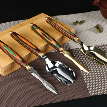Set de ceai din oțel inoxidabil și lemn masiv, accesorii premium: cuțit de ceai din oțel decorativ și lemn, lingură de ceai, clips pentru ceai, farfuriu de ceai, set de șase piese pentru ceremonia ceaiului