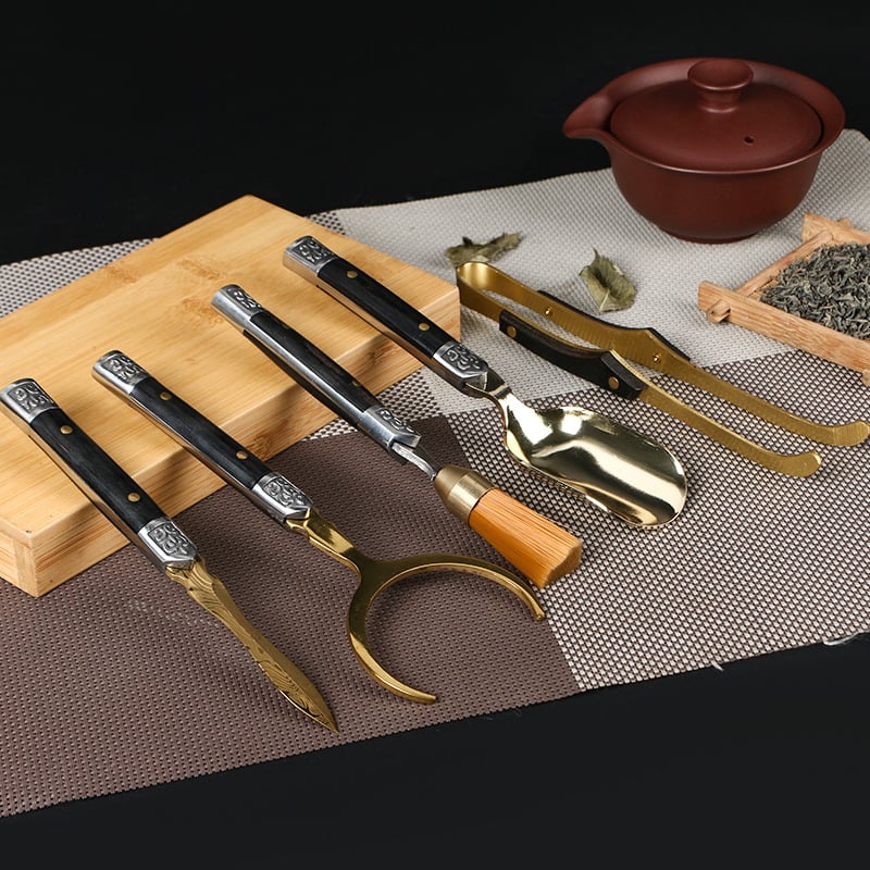 Set de ceai din oțel inoxidabil și lemn masiv, accesorii premium: cuțit de ceai din oțel decorativ și lemn, lingură de ceai, clips pentru ceai, farfuriu de ceai, set de șase piese pentru ceremonia ceaiului