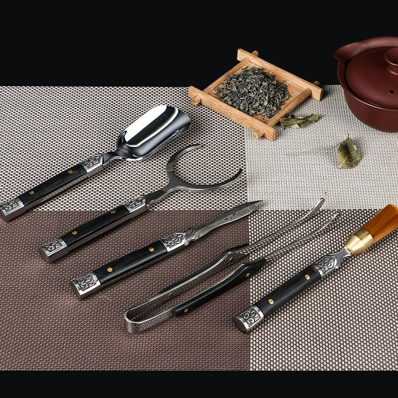 Set de ceai din oțel inoxidabil și lemn masiv, accesorii premium: cuțit de ceai din oțel decorativ și lemn, lingură de ceai, clips pentru ceai, farfuriu de ceai, set de șase piese pentru ceremonia ceaiului