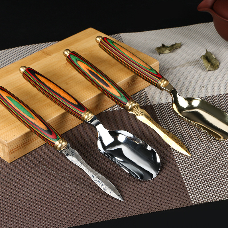 Set de ceai din oțel inoxidabil și lemn masiv, accesorii premium: cuțit de ceai din oțel decorativ și lemn, lingură de ceai, clips pentru ceai, farfuriu de ceai, set de șase piese pentru ceremonia ceaiului