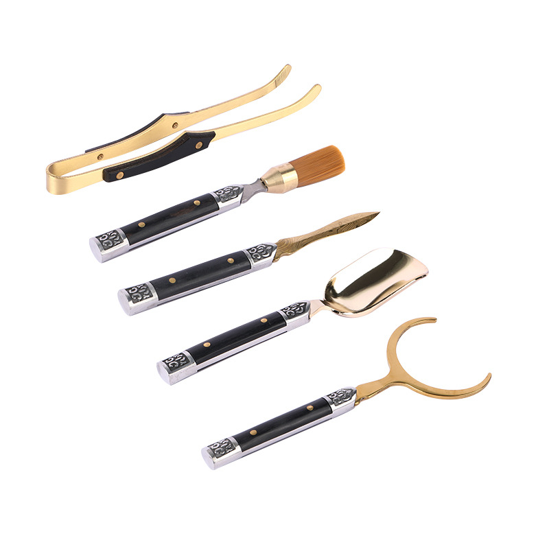 Set de ceai din oțel inoxidabil și lemn masiv, accesorii premium: cuțit de ceai din oțel decorativ și lemn, lingură de ceai, clips pentru ceai, farfuriu de ceai, set de șase piese pentru ceremonia ceaiului