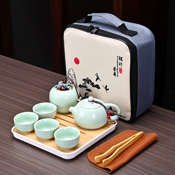 Set ceai mat pentru călătorii cu ceainic Xishi, ceramică Ding Kiln, tavă de ceai, 1 ceainic și 4 căni, ceainic portabil, cadou personalizabil