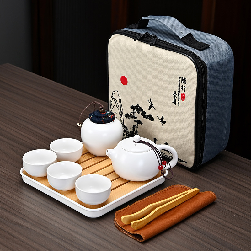 Set ceai mat pentru călătorii cu ceainic Xishi, ceramică Ding Kiln, tavă de ceai, 1 ceainic și 4 căni, ceainic portabil, cadou personalizabil