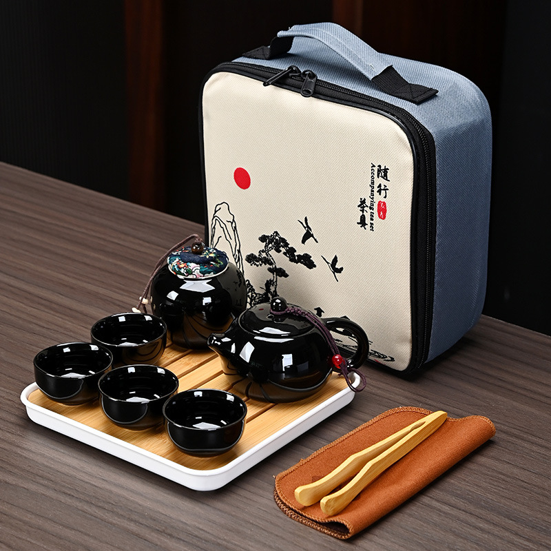 Set ceai mat pentru călătorii cu ceainic Xishi, ceramică Ding Kiln, tavă de ceai, 1 ceainic și 4 căni, ceainic portabil, cadou personalizabil