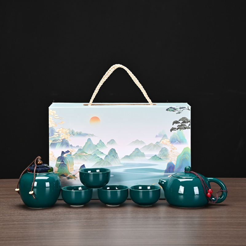 Set ceai mat pentru călătorii cu ceainic Xishi, ceramică Ding Kiln, tavă de ceai, 1 ceainic și 4 căni, ceainic portabil, cadou personalizabil