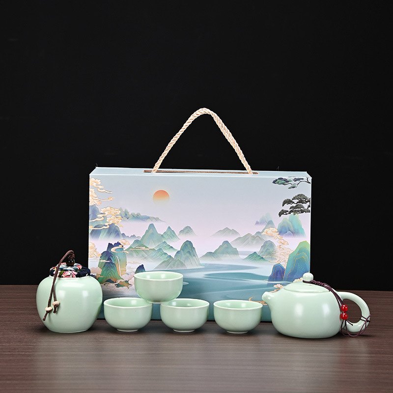 Set ceai mat pentru călătorii cu ceainic Xishi, ceramică Ding Kiln, tavă de ceai, 1 ceainic și 4 căni, ceainic portabil, cadou personalizabil