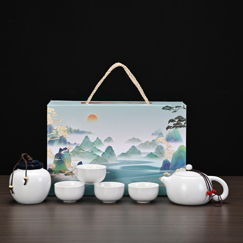 Set ceai mat pentru călătorii cu ceainic Xishi, ceramică Ding Kiln, tavă de ceai, 1 ceainic și 4 căni, ceainic portabil, cadou personalizabil