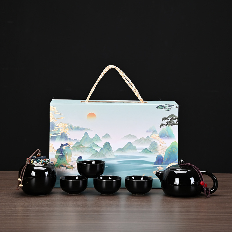 Set ceai mat pentru călătorii cu ceainic Xishi, ceramică Ding Kiln, tavă de ceai, 1 ceainic și 4 căni, ceainic portabil, cadou personalizabil