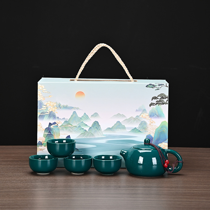 Set ceai mat pentru călătorii cu ceainic Xishi, ceramică Ding Kiln, tavă de ceai, 1 ceainic și 4 căni, ceainic portabil, cadou personalizabil