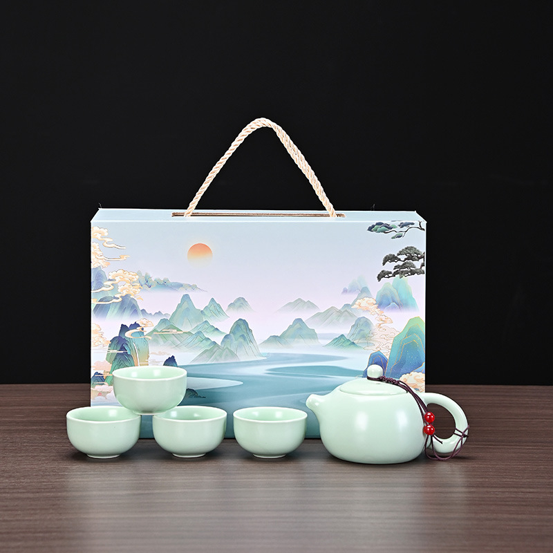 Set ceai mat pentru călătorii cu ceainic Xishi, ceramică Ding Kiln, tavă de ceai, 1 ceainic și 4 căni, ceainic portabil, cadou personalizabil