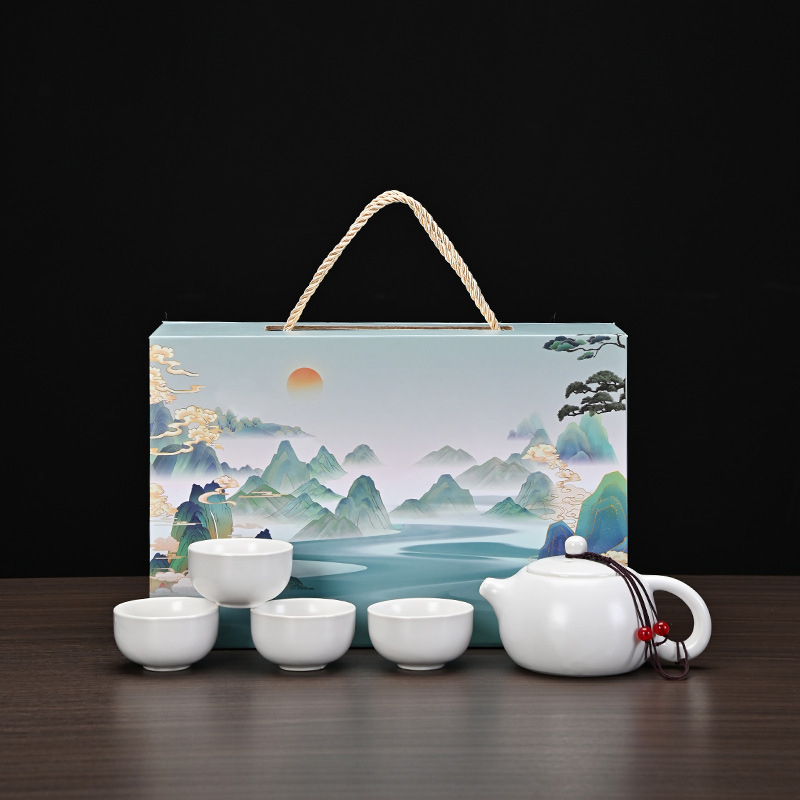 Set ceai mat pentru călătorii cu ceainic Xishi, ceramică Ding Kiln, tavă de ceai, 1 ceainic și 4 căni, ceainic portabil, cadou personalizabil