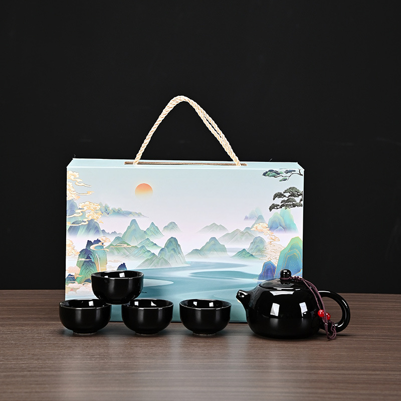 Set ceai mat pentru călătorii cu ceainic Xishi, ceramică Ding Kiln, tavă de ceai, 1 ceainic și 4 căni, ceainic portabil, cadou personalizabil