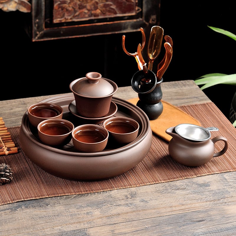 Set de ceai Chaoshan Kung Fu cu ceainic din lut mov, cești și tavă de ceai de 9 inch – set complet pentru uz casnic