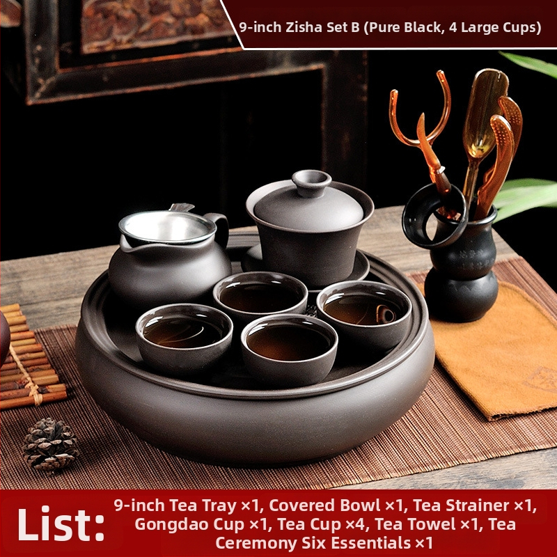 Set de ceai Chaoshan Kung Fu cu ceainic din lut mov, cești și tavă de ceai de 9 inch – set complet pentru uz casnic