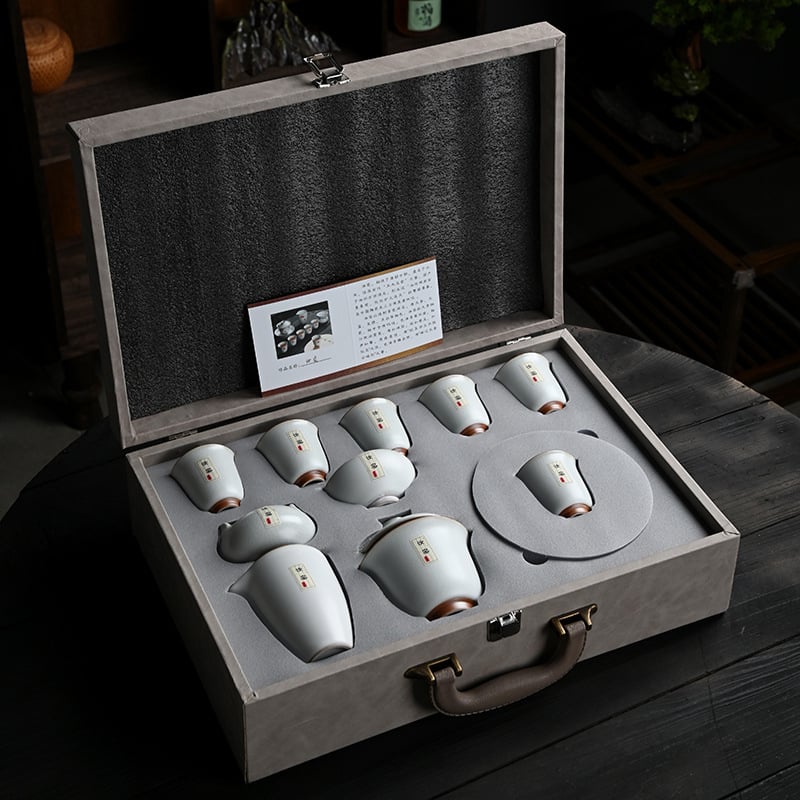 Set de ceai ceramic Ru Kiln, Gongfu, 10 piese într-o cutie cadou, stil luxos pentru casă și cadouri de afaceri