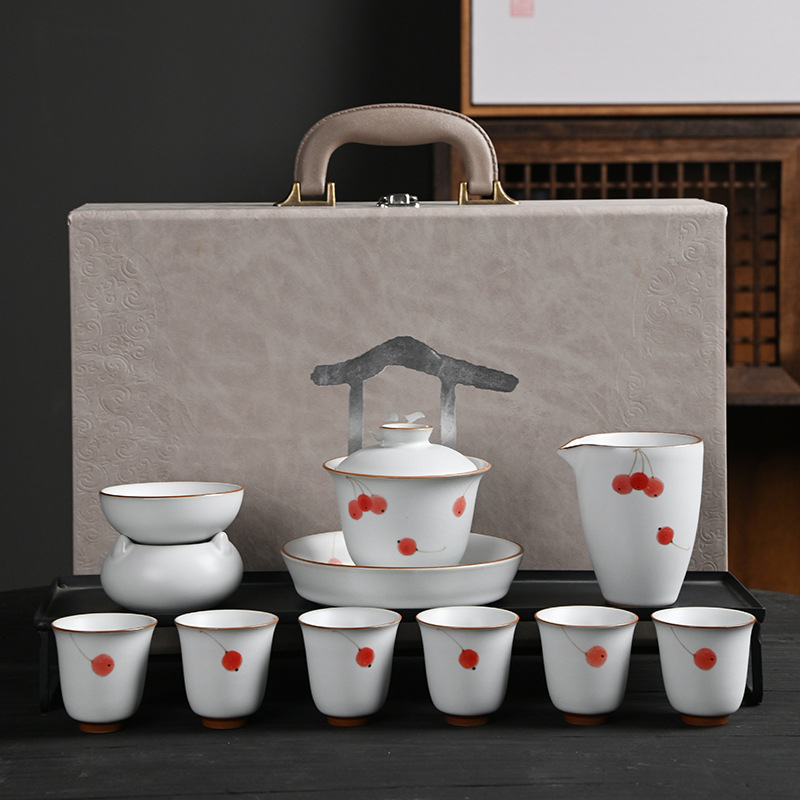 Set de ceai ceramic Ru Kiln, Gongfu, 10 piese într-o cutie cadou, stil luxos pentru casă și cadouri de afaceri