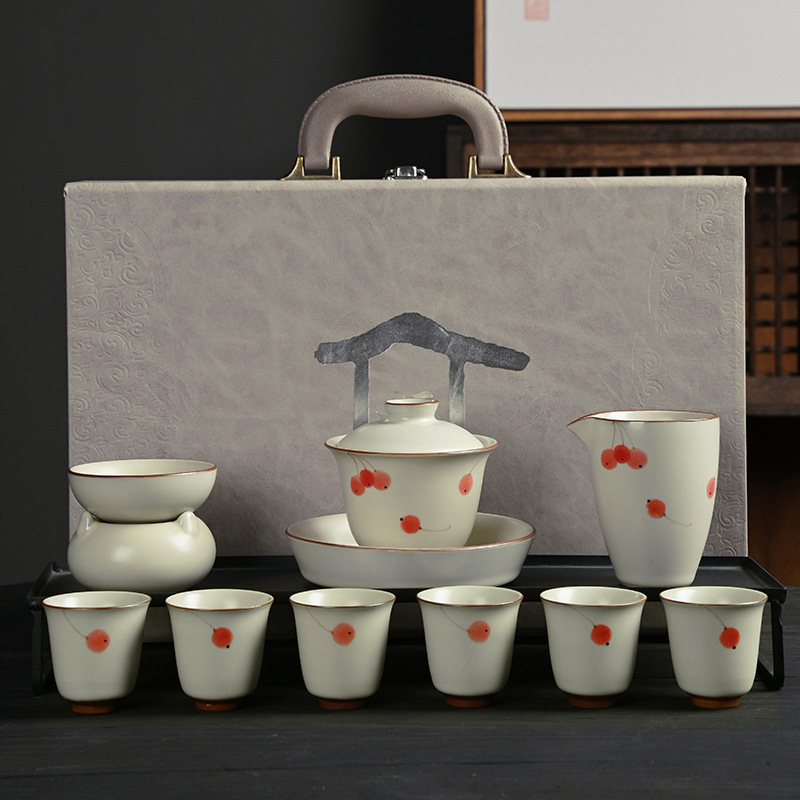 Set de ceai ceramic Ru Kiln, Gongfu, 10 piese într-o cutie cadou, stil luxos pentru casă și cadouri de afaceri