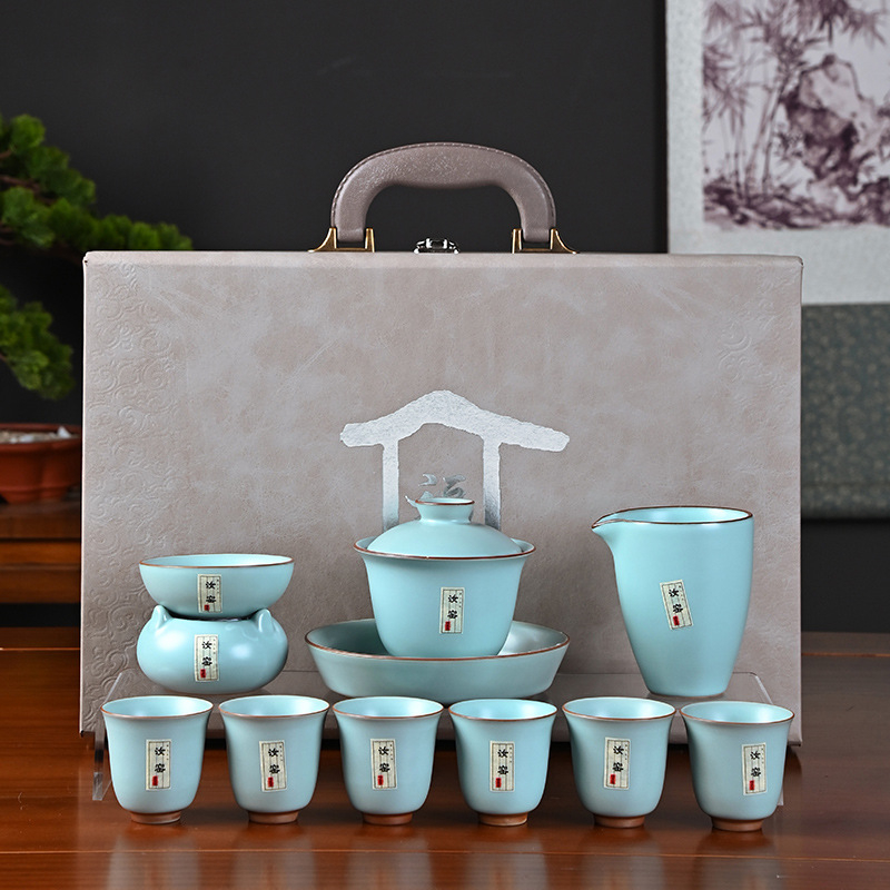 Set de ceai ceramic Ru Kiln, Gongfu, 10 piese într-o cutie cadou, stil luxos pentru casă și cadouri de afaceri