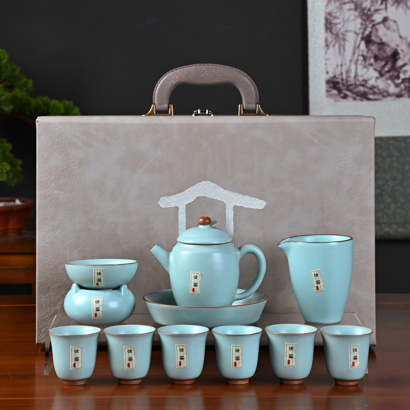 Set de ceai ceramic Ru Kiln, Gongfu, 10 piese într-o cutie cadou, stil luxos pentru casă și cadouri de afaceri