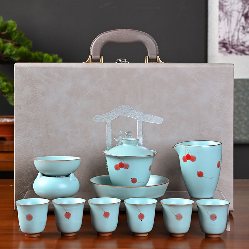 Set de ceai ceramic Ru Kiln, Gongfu, 10 piese într-o cutie cadou, stil luxos pentru casă și cadouri de afaceri