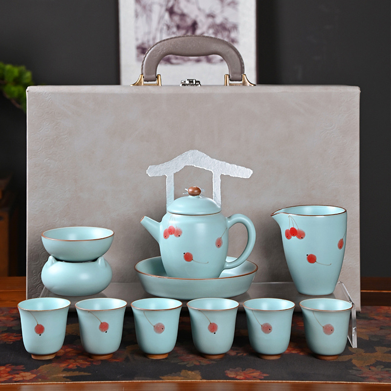 Set de ceai ceramic Ru Kiln, Gongfu, 10 piese într-o cutie cadou, stil luxos pentru casă și cadouri de afaceri