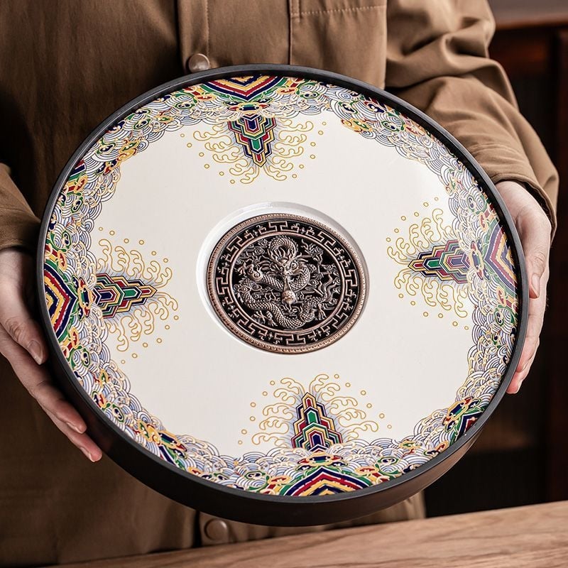 Tavă rotundă pentru ceai din porțelan – tavă ceramică pentru ceai, pentru casă și birou, set Kung Fu ceai, cu utilizare dublă