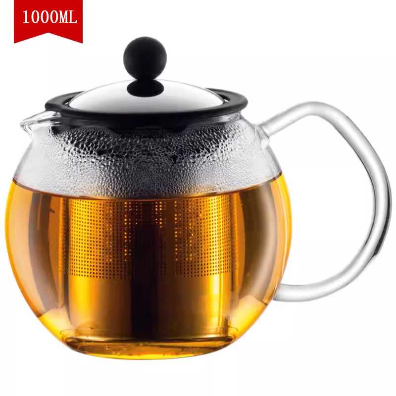 Ceainic borosilicat rezistent la temperatură 1000 ml cu filtru French Press, filtru din oțel inoxidabil și inel din silicon