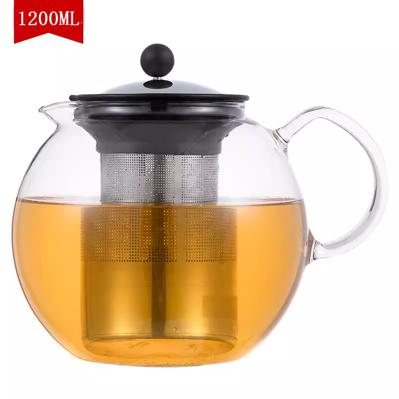 Ceainic borosilicat rezistent la temperatură 1000 ml cu filtru French Press, filtru din oțel inoxidabil și inel din silicon