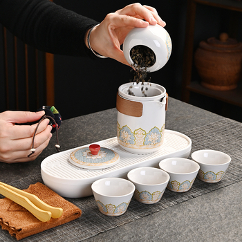 Set de ceai de călătorie într-o husă – set ceramic pentru exterior, un ceainic și trei cești, cadou de afaceri, farmec antic