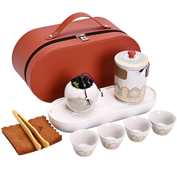 Set de ceai de călătorie într-o husă – set ceramic pentru exterior, un ceainic și trei cești, cadou de afaceri, farmec antic