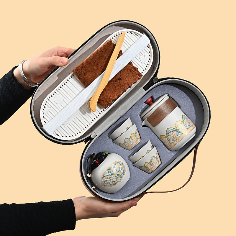 Set de ceai de călătorie într-o husă – set ceramic pentru exterior, un ceainic și trei cești, cadou de afaceri, farmec antic