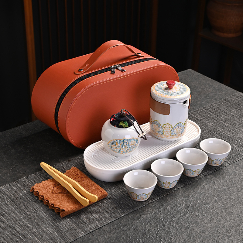 Set de ceai de călătorie într-o husă – set ceramic pentru exterior, un ceainic și trei cești, cadou de afaceri, farmec antic