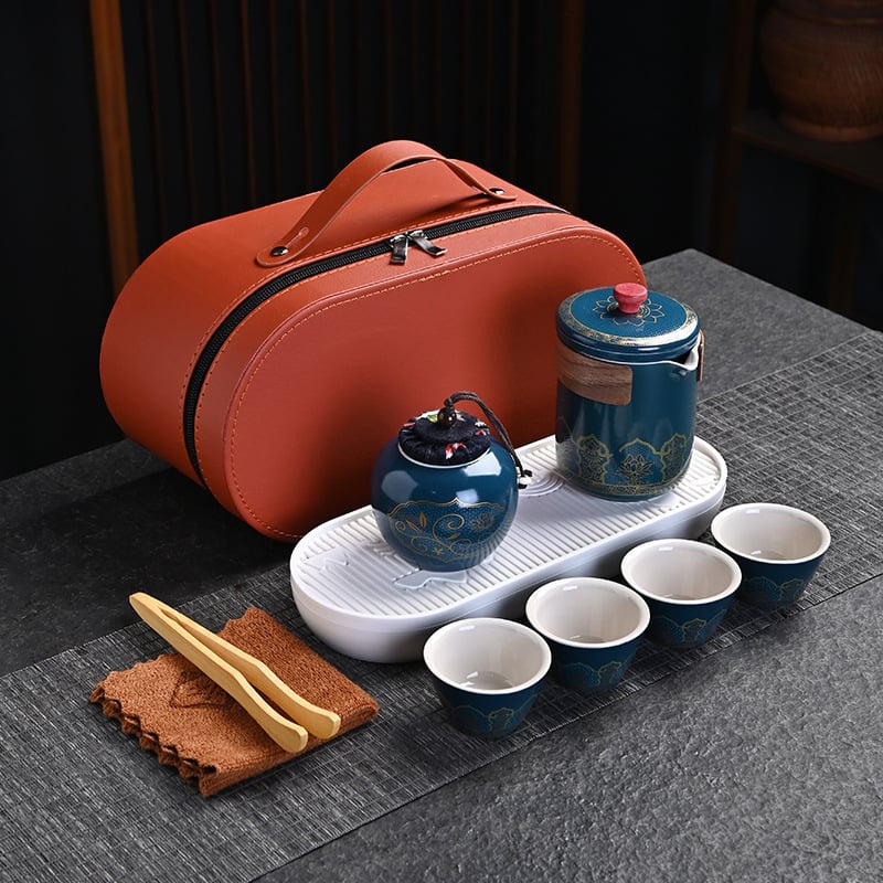 Set de ceai de călătorie într-o husă – set ceramic pentru exterior, un ceainic și trei cești, cadou de afaceri, farmec antic