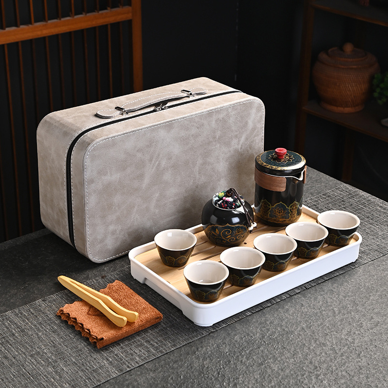 Set de ceai de călătorie într-o husă – set ceramic pentru exterior, un ceainic și trei cești, cadou de afaceri, farmec antic