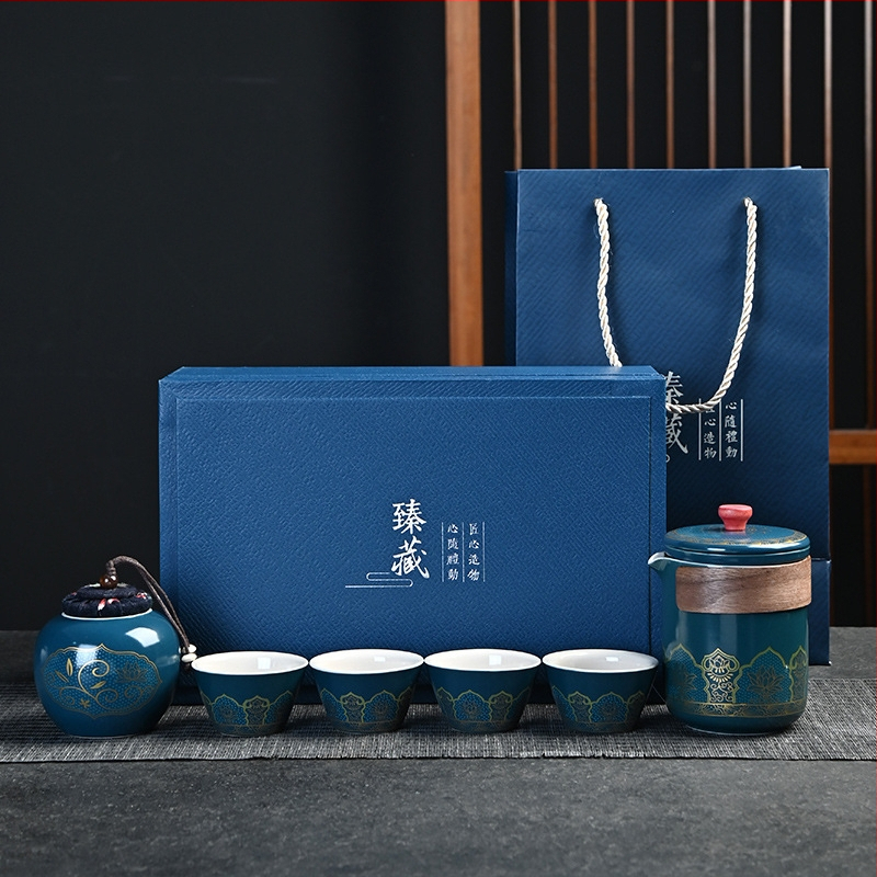 Set de ceai de călătorie într-o husă – set ceramic pentru exterior, un ceainic și trei cești, cadou de afaceri, farmec antic