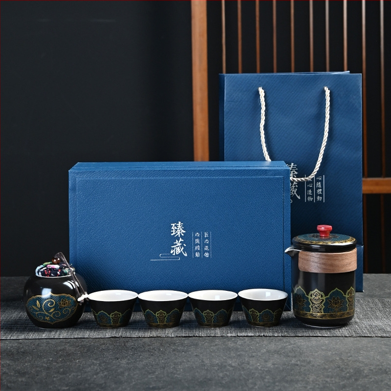 Set de ceai de călătorie într-o husă – set ceramic pentru exterior, un ceainic și trei cești, cadou de afaceri, farmec antic
