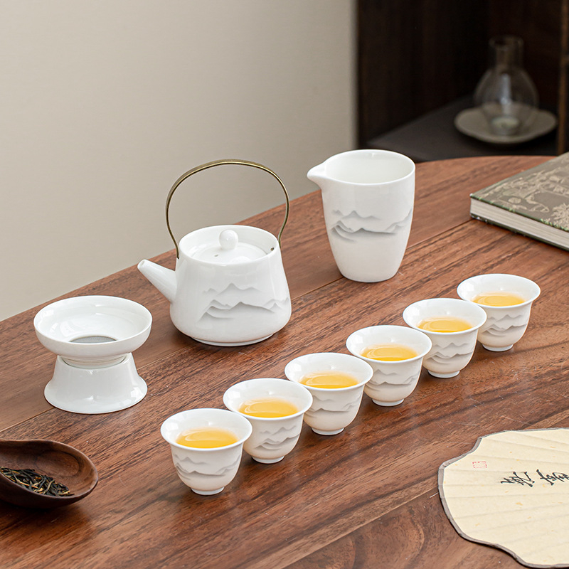 Set de ceai ceramic pentru uz casnic, cu ceainic, bol cu capac și căni Kung Fu, design minimalist luxos, logo personalizabil, cadou de afaceri