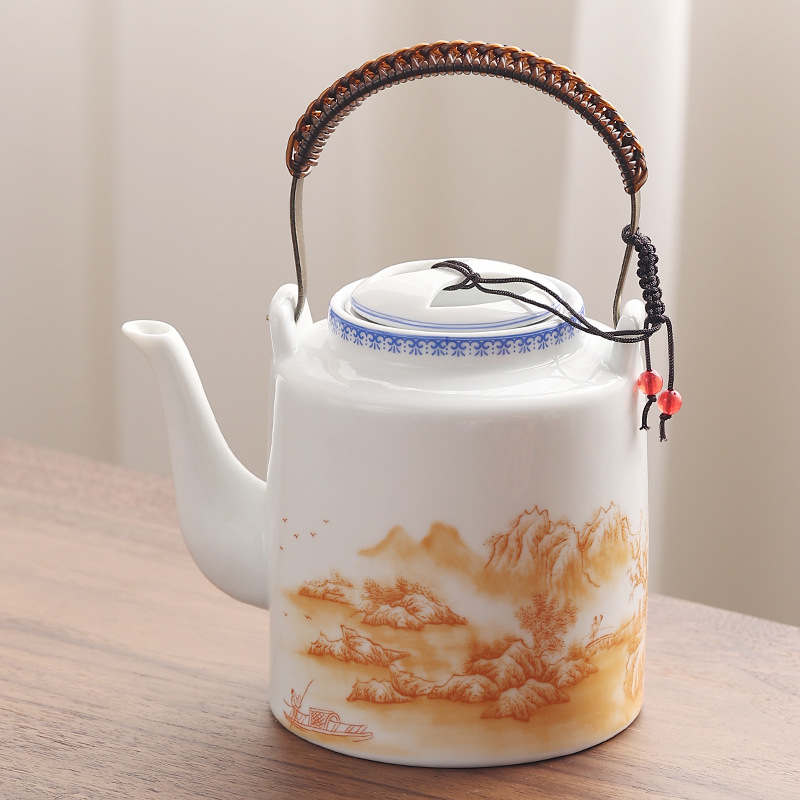 Ceainic ceramic cu emailare colorată, capacitate mare, porțelan alb de înaltă calitate, cu filtru