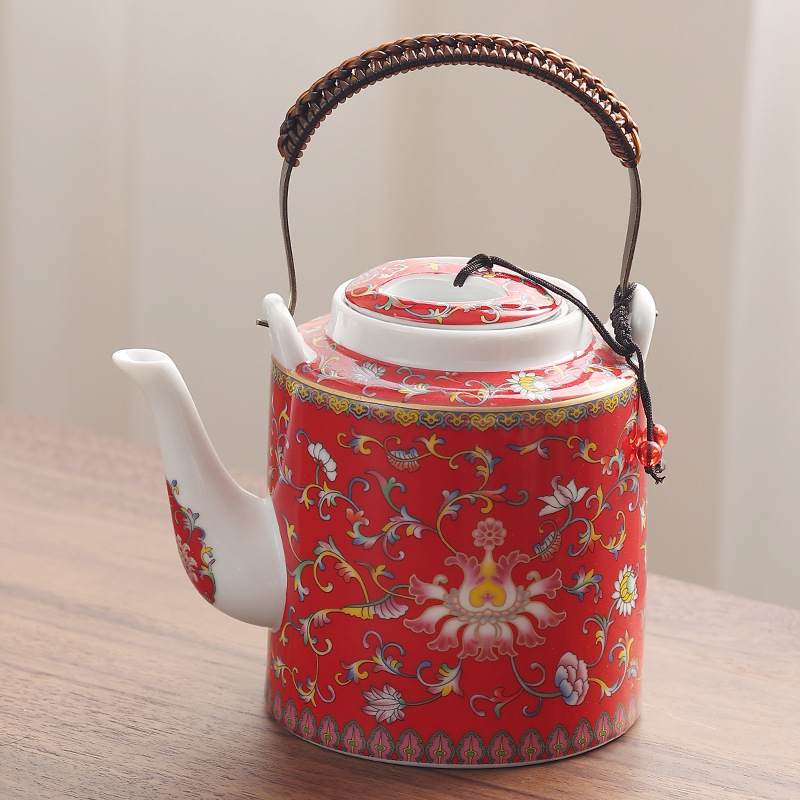 Ceainic ceramic cu emailare colorată, capacitate mare, porțelan alb de înaltă calitate, cu filtru