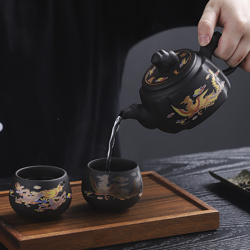 Set de ceai Kung Fu Yixing Zisha, realizat manual, culoare care se schimbă la încălzire, un ceainic și două cești, pentru uz casnic