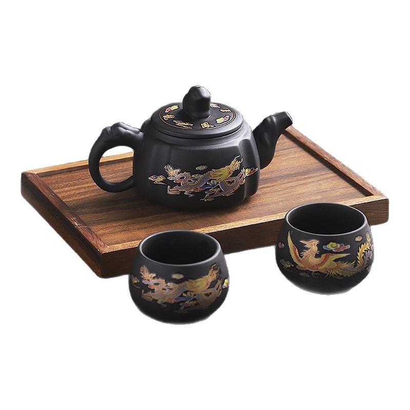 Set de ceai Kung Fu Yixing Zisha, realizat manual, culoare care se schimbă la încălzire, un ceainic și două cești, pentru uz casnic