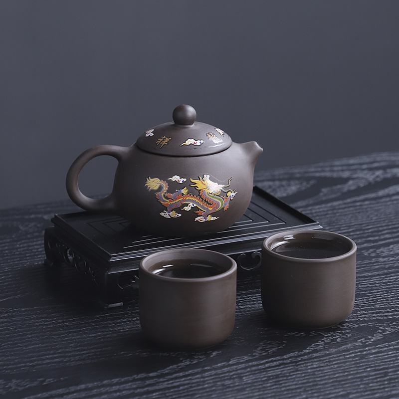 Set de ceai Kung Fu Yixing Zisha, realizat manual, culoare care se schimbă la încălzire, un ceainic și două cești, pentru uz casnic