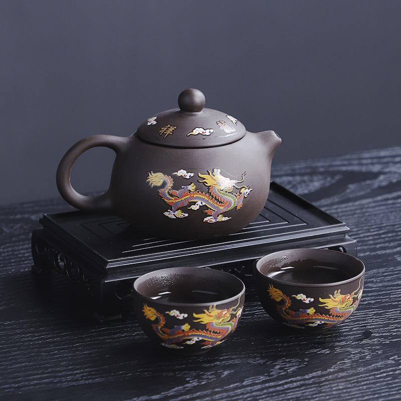 Set de ceai Kung Fu Yixing Zisha, realizat manual, culoare care se schimbă la încălzire, un ceainic și două cești, pentru uz casnic