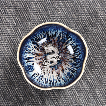 Căniță de ceai Jianzhan cu încrustație de argint, glazură Tianmu cu variație la cuptor, glazură Rabbit-Hair, motiv pește argintiu, ceramică pentru degustare