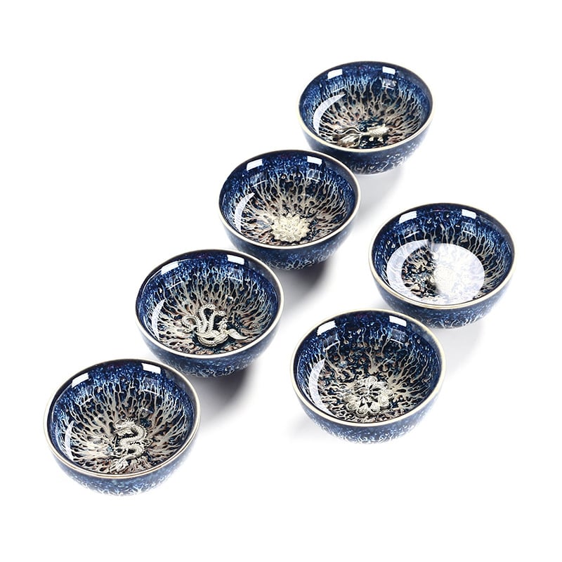Căniță de ceai Jianzhan cu încrustație de argint, glazură Tianmu cu variație la cuptor, glazură Rabbit-Hair, motiv pește argintiu, ceramică pentru degustare