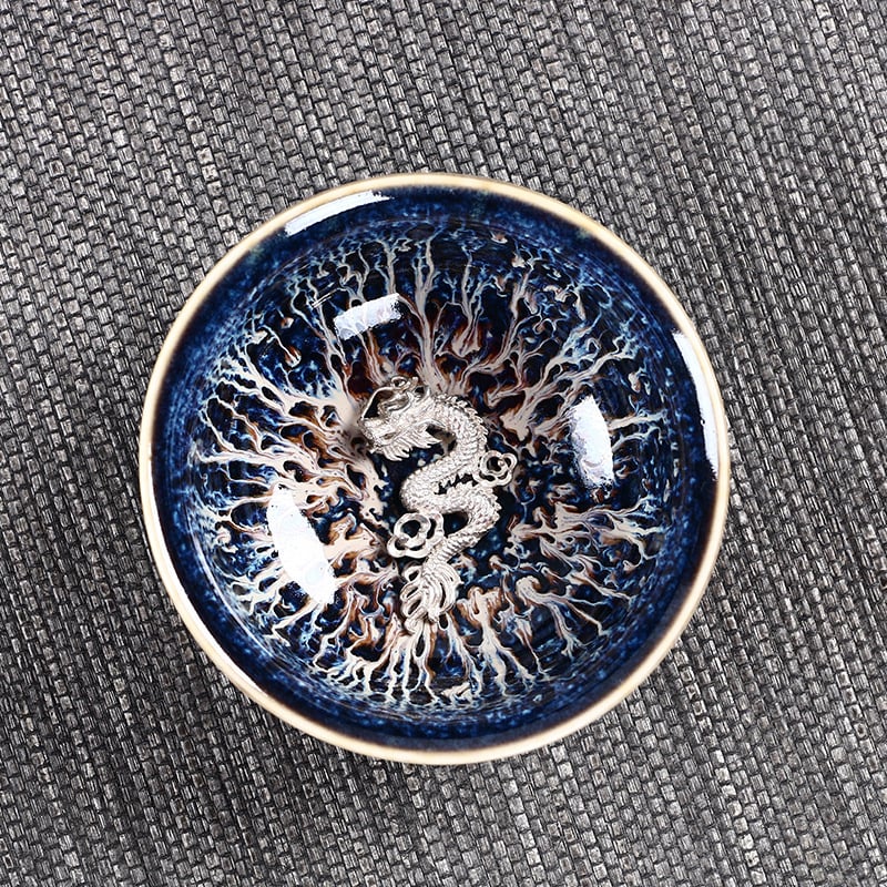 Căniță de ceai Jianzhan cu încrustație de argint, glazură Tianmu cu variație la cuptor, glazură Rabbit-Hair, motiv pește argintiu, ceramică pentru degustare