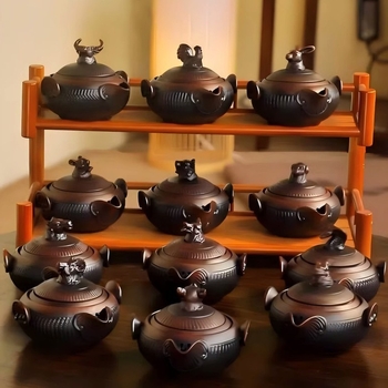 Douăsprezece zodii, ceramică mov închis, ceainic cu mâner și cești de ceai – set de ceai Kung Fu, creativ, stil retro