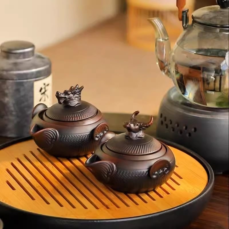 Douăsprezece zodii, ceramică mov închis, ceainic cu mâner și cești de ceai – set de ceai Kung Fu, creativ, stil retro